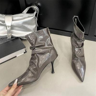 Eilyken Nowy Design Plisowane Szpiczaste Damskie Botki Jesień Zima Cienkie Obcasy Buty Modne Botki Zapatos De Mujer