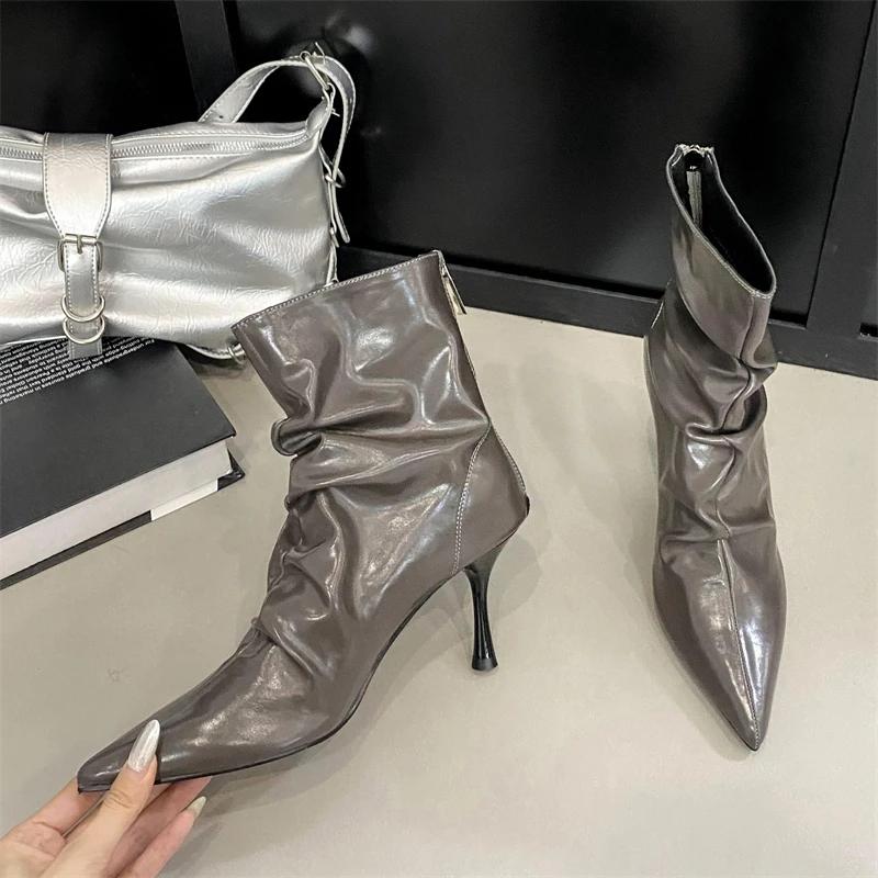 Autumn Winter Pointed Toe Women Ankle Boots Design Pleated Thin Heels Shoes Fashion Booties De Mujer
