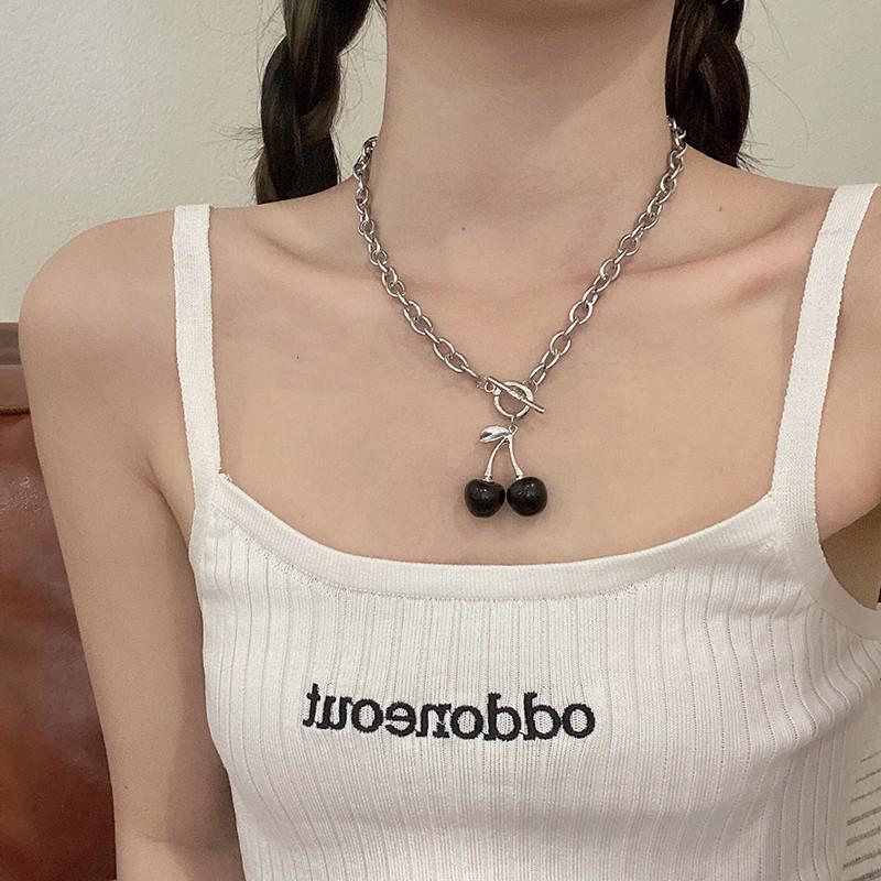Punk Red Cherry Pendant Choker Y2K Necklace Earrings Bracelet For Women Girls Summer Dancing Party Jewelry Gift