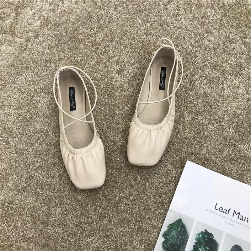Pleated Single Shoes Women Square Toe Soft Ballet Flats Slip On Solid Color Elegant Dance Shoe Cross Ladies Loafers