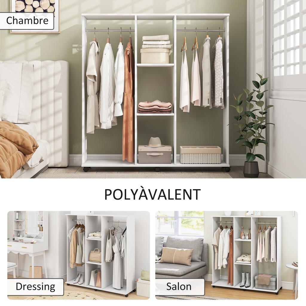 Wardrobe Closet Mobile Storage Furniture 6 Wheels 120 X 40 X 128 Cm In White Wood