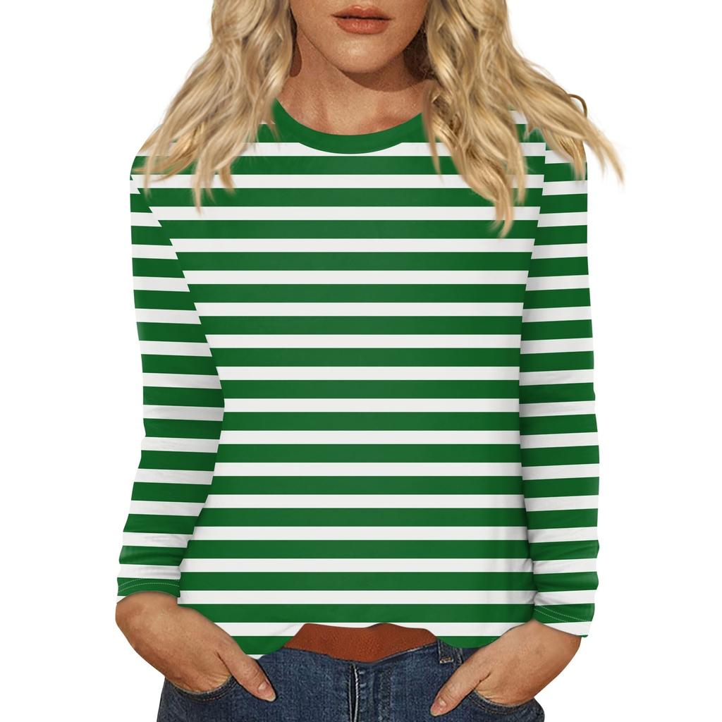 Women's Daily Casual Long-sleeved Striped Printed Crew-neck Top