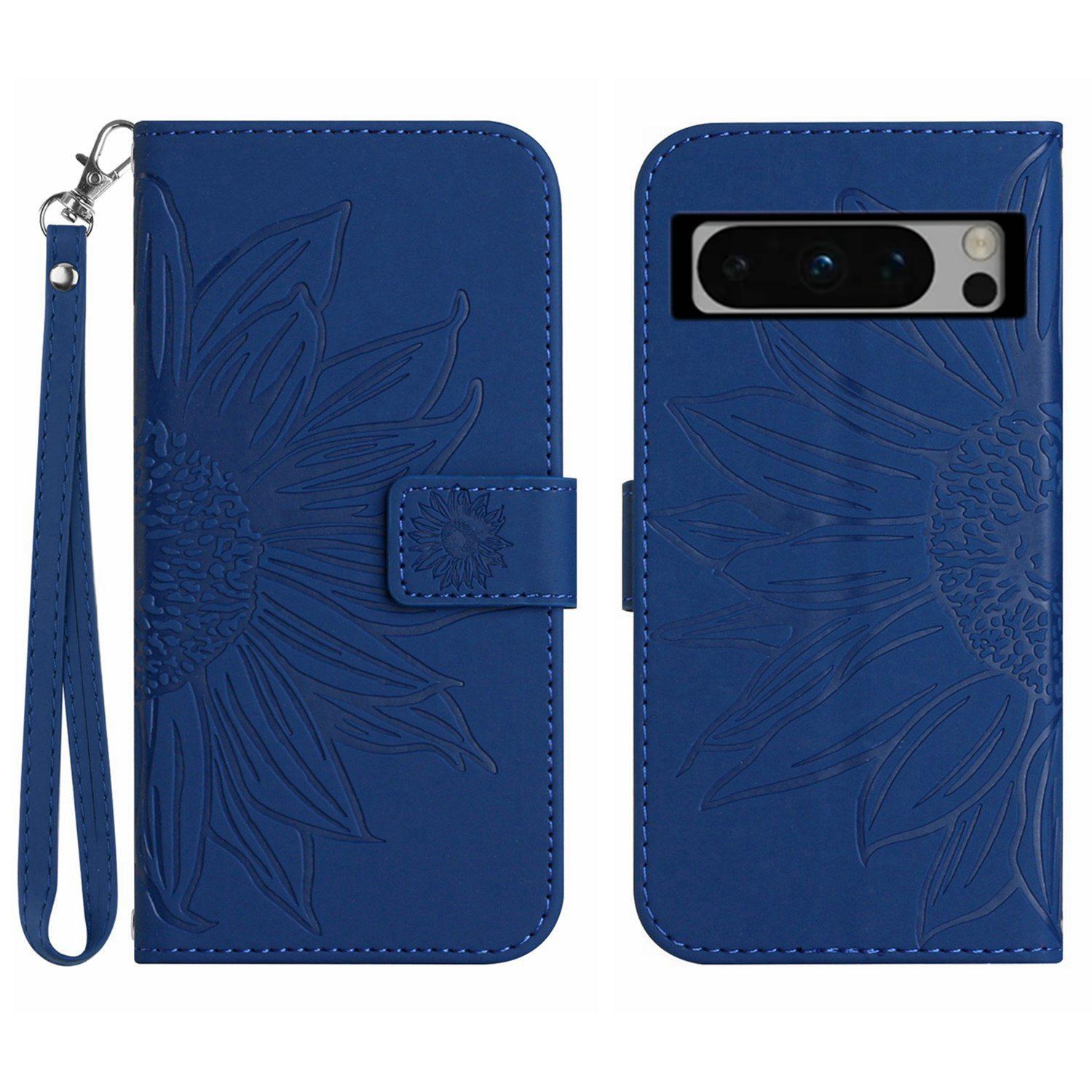

HT04 For Google Pixel 8 Pro Sunflower Imprinted Phone Cover Leather Wallet Stand Case with Handy Strap Sapphire