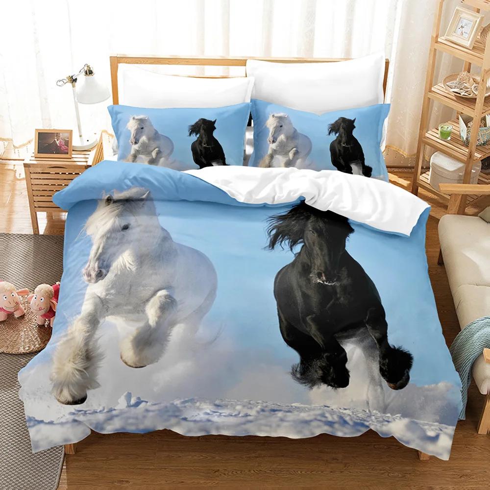 Horse Duvet Cover Set White and Brown Horse Print Bedding Set Wild Animal Pattern Farmhouse Cowboys Queen Polyester Quilt Cover