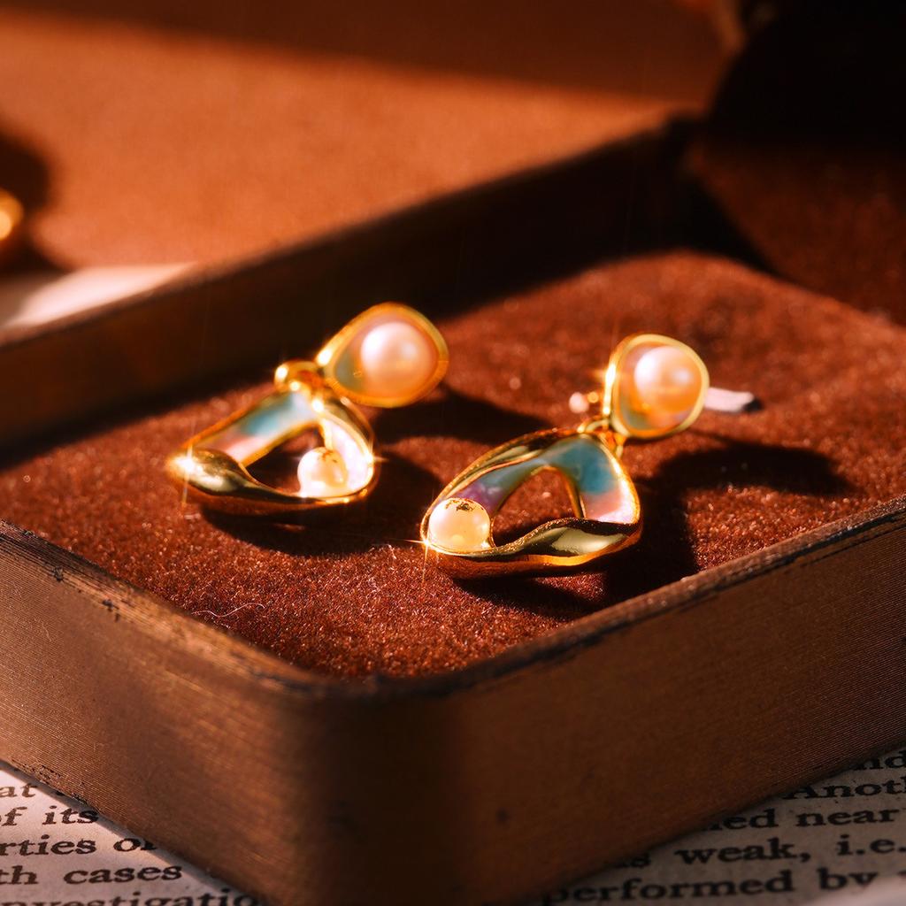 Baroque Natural Pearl Earrings 925 High-end Retro New Chinese Oil Painting New Niche Women's Earrings