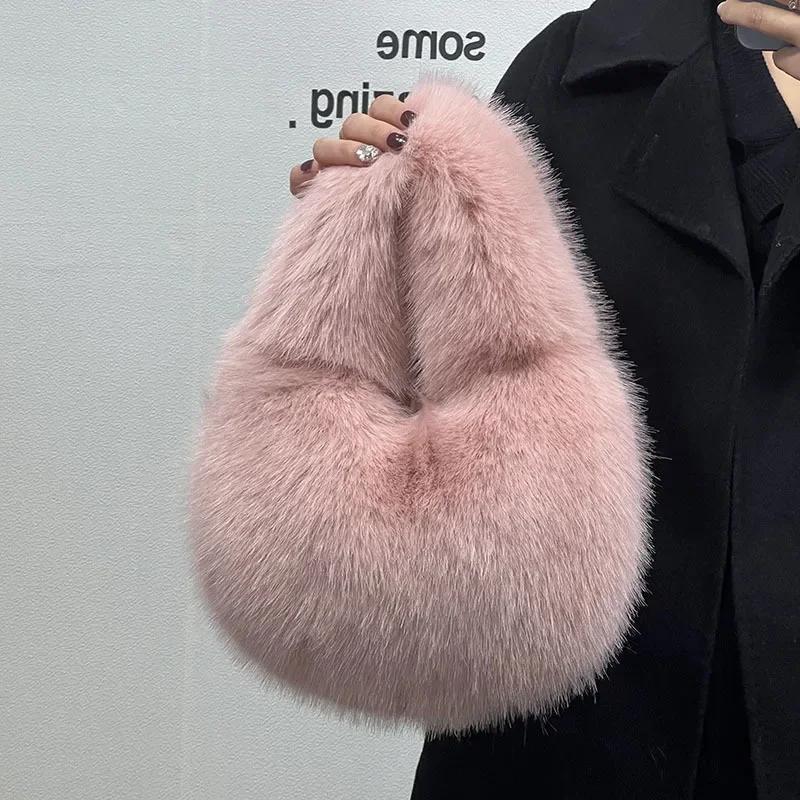 Winter Casual Flauschige Umhängetaschen für Damen Unifarbene Weiche Plüsch Damen Clutch Handtaschen Leichte Damen Hobo-Tasche sac