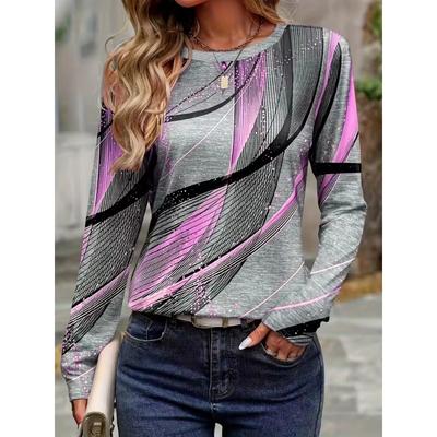 Women's 3D Printed Striped Elegant Printed T-shirt Fashion Long Sleeve Round Neck Regular Tops Holiday Weekend Spring Autumn