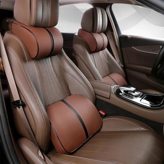Adjustable Car Headrest Pillow Set Leather Auto Neck Protection Rest Pillows Seat Waist Supports Lumbar Cushion Memory Cotton