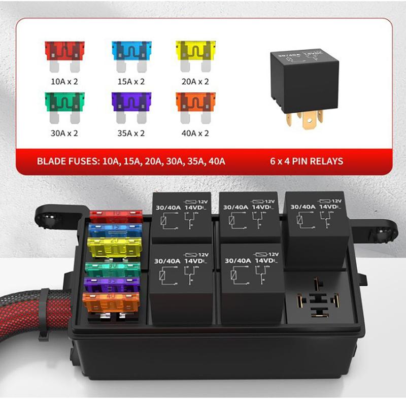 12V Fuse Relay Box 6 Way Relay Fuse Box Pre-Wired Waterproof Relays Box with 6 Relays and 12 ATC/ATO Fuses Relay Panel