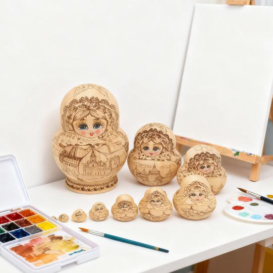 10Pcs/Set Handmade Russian Nesting Doll 10 Layers Kids Wooden Matryoshka Doll Retro Girl Stacking Toy Desktop Decoration Ornament