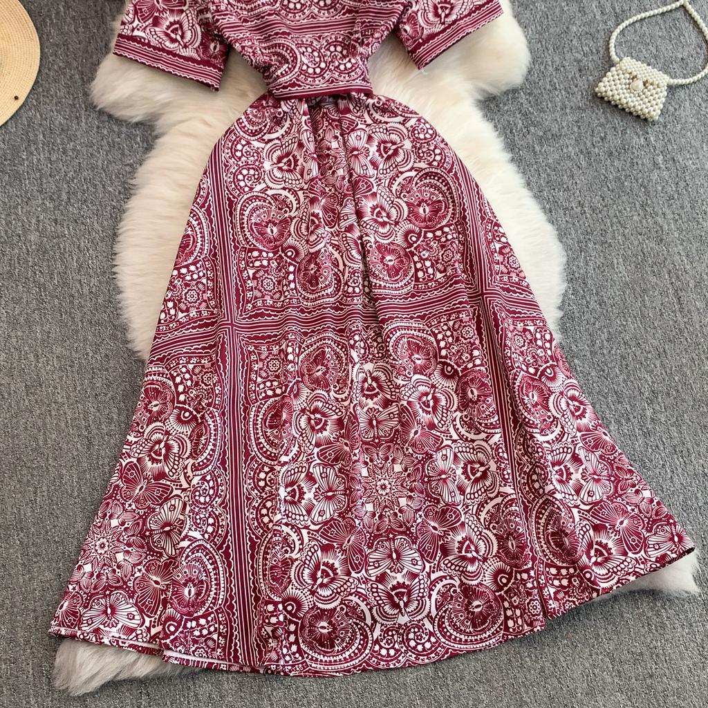 Summer Vintage Designer Print Runway Dress Women Fashion Turn-down Collar Single Breasted Party Shirt Lace-up Dresses