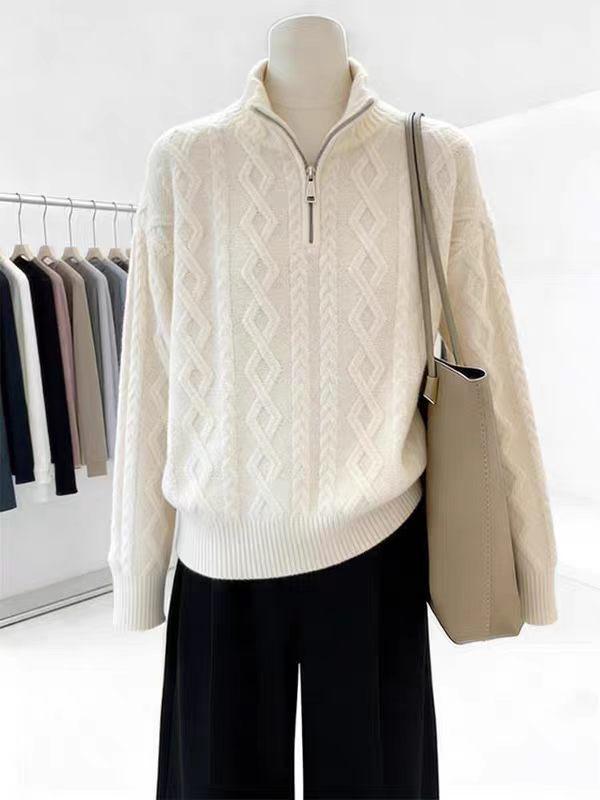 Women's 100% Wool Zipper High Neck Cable Knit Cardigan Sweater