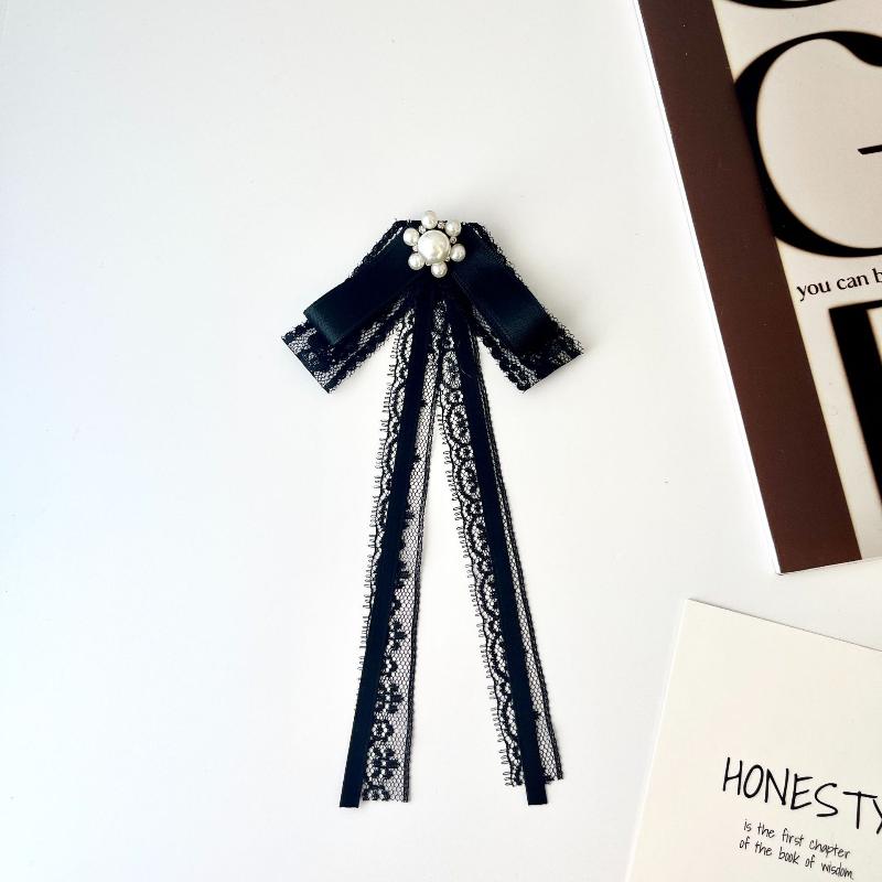 

Black Lace Brooch Bow White Pearl Brooch Tie For Women Clothing Neckline Decoration Ribbon Tie Jewelry Accessories