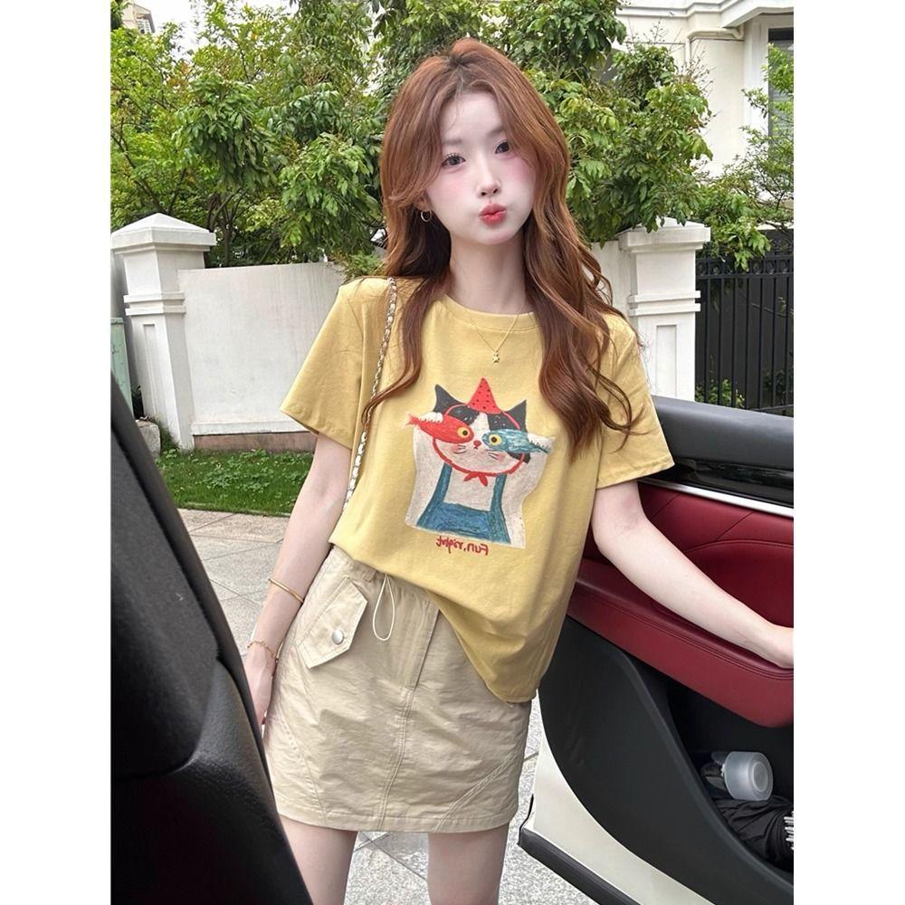 Women's Round Neck Cotton T-shirt Vintage Cartoon Print Short Sleeve Casual Summer Basic Top