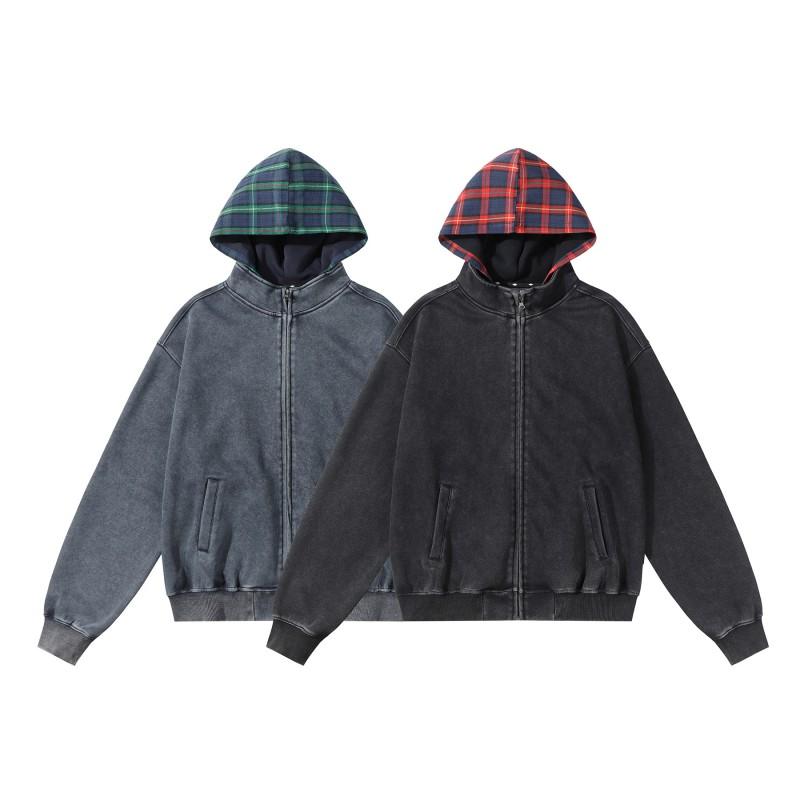 Mens Winter Oversized Hooded Sweatshirt With Washed Plaid Print Loose Fit Streetwear