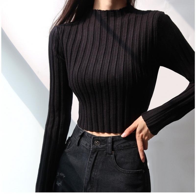 

Американский Ретро Стойка Воротник Длинный Рукав Кроп Свитер Осень Зима Однотонный Горячая Девушка Облегающий Полувысокий Воротник Вязаный Топ L