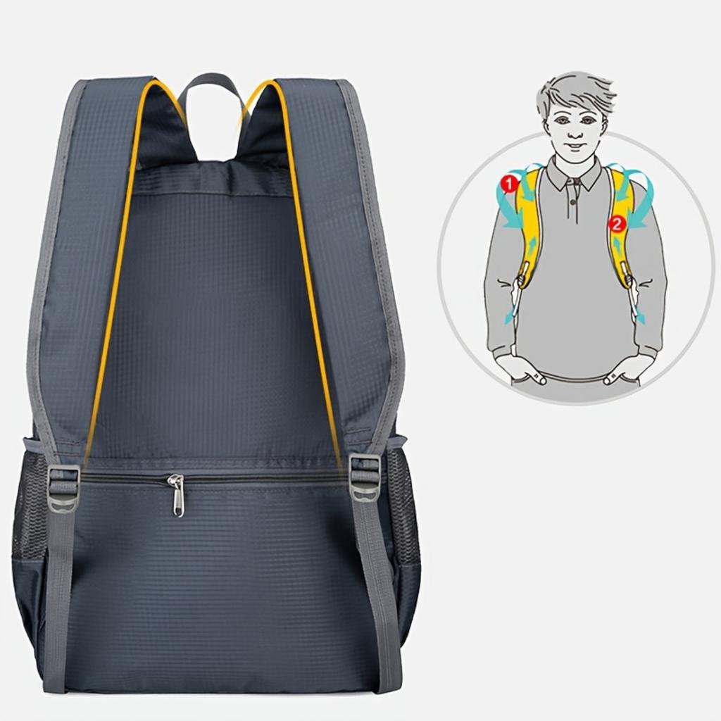 Lightweight Folding Nylon Backpack - Large Capacity Hiking Backpack with Adjustable Shoulder Straps, Multiple Pockets, and Mesh Side Pockets