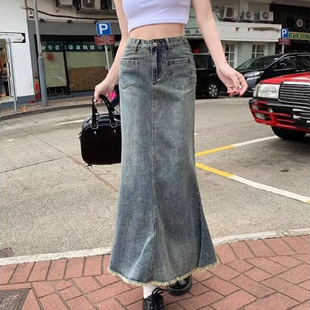 Retro Denim Skirt Women High Waist A-line Half Dress Fashion High Waist Long Skirt  Beach