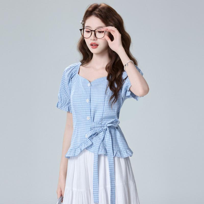 Damen Blaue Karo Quadratischer Ausschnitt Puffärmel Taillenbetont Bluse