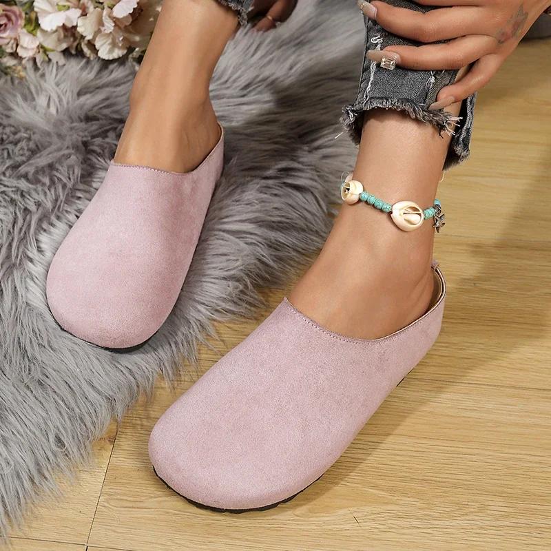 Mode Damen Mode Hausschuhe Frühling Runde Zehen Kork Clogs Hausschuhe Damen Outdoor Korkfußbett Flache Absätze Pantoletten Schuhe Frau Wildleder Pantoletten