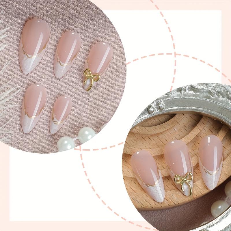 24 Pieces of White Pointed Nail Art Patches, Medium Almond Shaped Gradient Nail Stickers, with Gold 3D Bow for Wearing Nail
