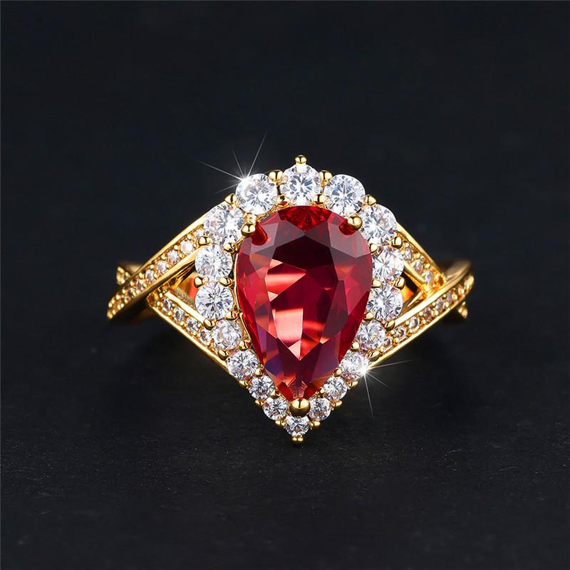 2025 New Model Luxury Female Red Water Drop Zircon Stone Engagement Ring Trendy Gold Color Bride Wedding Jewelry Gift For Women