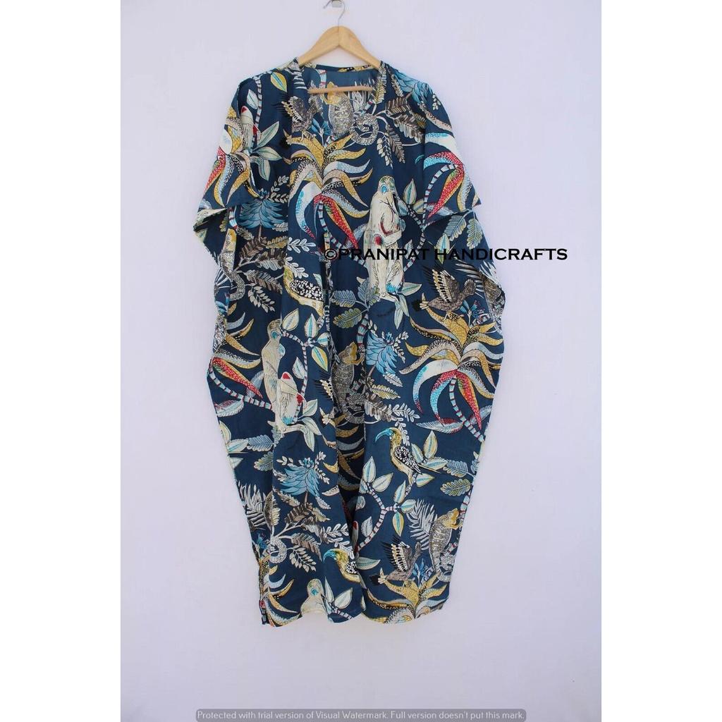 Rochie lungă caftan, bumbac, albastru, de vară, acoperire pentru plajă, cu imprimeu maimuță CKFTN-SCRN-FULL-BUYIT-128