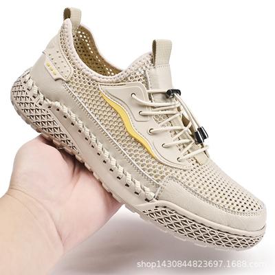 Zapatillas de deporte de cuero tejidas con mosca, zapatos casuales de malla para hombres, ahuecados