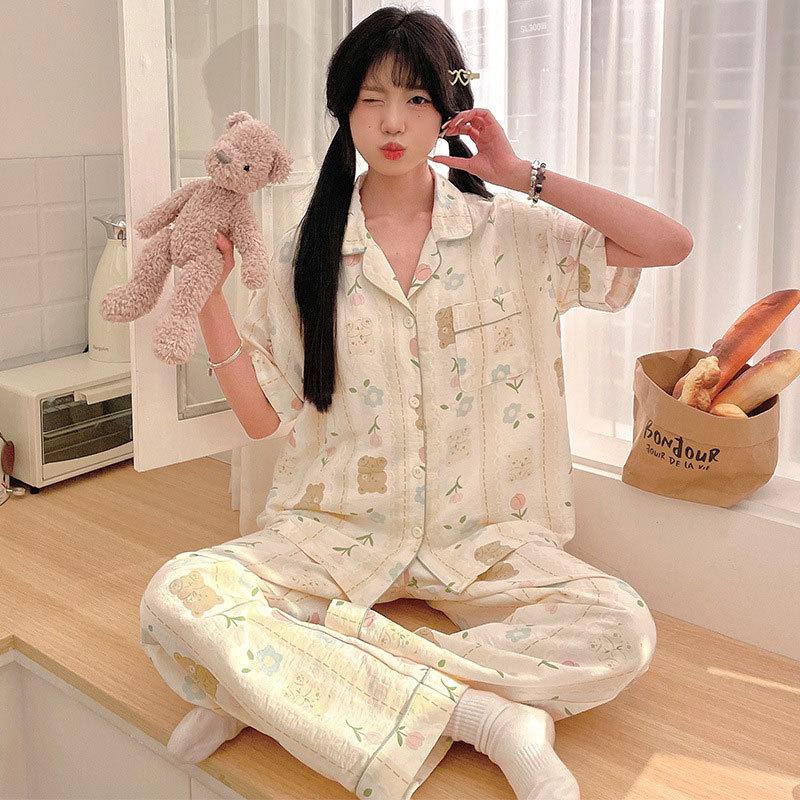 Pajamas Women'S Two-Piece Set Cute Cartoon Bear Summer Cardigan Short-Sleeved Trousers Fashionable Versatile Loungewear