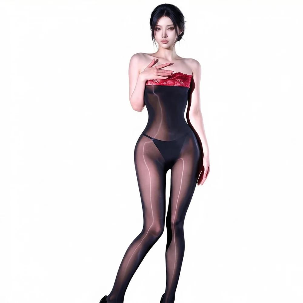Fashion Women Lace Strapless Bodysuit 5D Oil Glossy Shiny Jumpsuit Yoga Shaping Tights Patchwork Open Crotch Maid Leotard