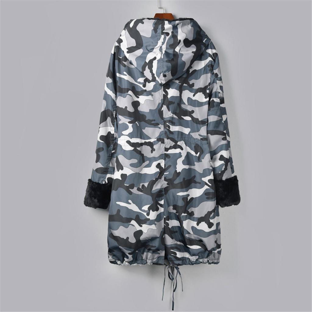 Women's Faux-Fur Shaggy Winter Camo-Coat Long Sleeve Open Front Outwear Fishtail Hooded Jacket