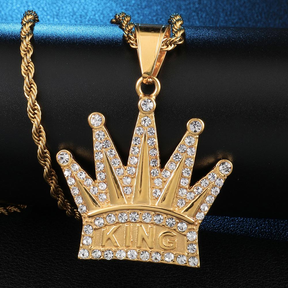 Full AAA Iced Out Bling Cubic Zircon Crown  Cubic Zircon Stainless Steel Necklaces & Pendants for Men Jewelry