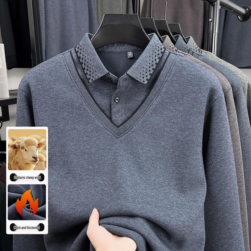 Herren Herbst/Winter Verdickter Samt Wolle Revers Zweiteiliger Lagenpullover für Mittleres und Älteres Alter