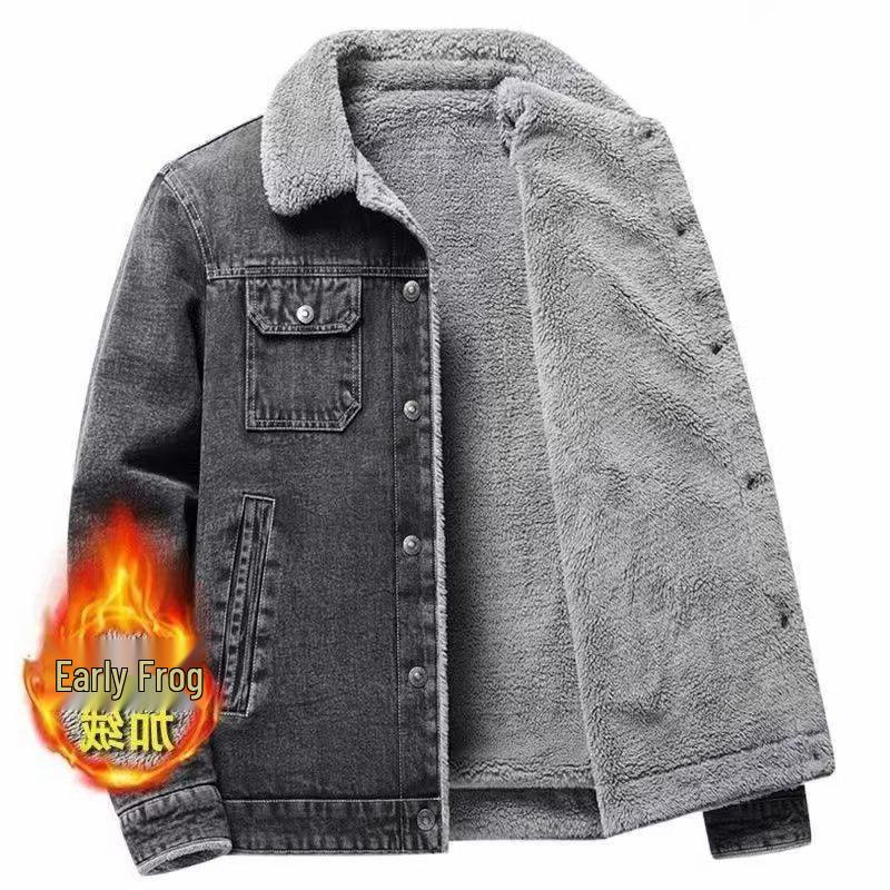 Men's Slim Fit Denim Jacket with Fleece Lining and Lambswool, 2025 Korean Style, Casual Lapel Design