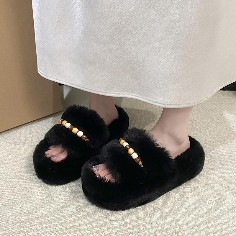 Mao Mao slippers women's home wear fashion 2025 household thick-bottomed beaded small fragrant wind warm one-word cotton slippers