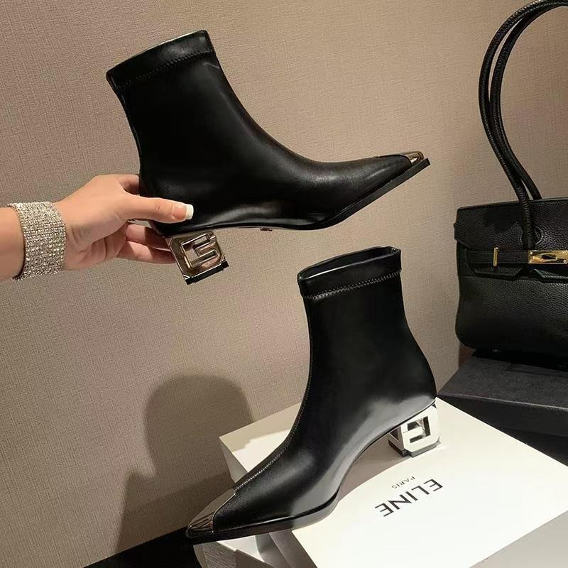 Brand Design Leather Custom V-Mouth Zipper Boots Retro Pointed Special-Shaped Heel Knight Boots Sexy Chelsea Women's Boots