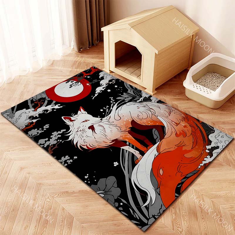 White fox red moon night forest mystical Print Carpet for Living Room Bedroom Sofa Home Decor Non-slip Mat Luxury Gift