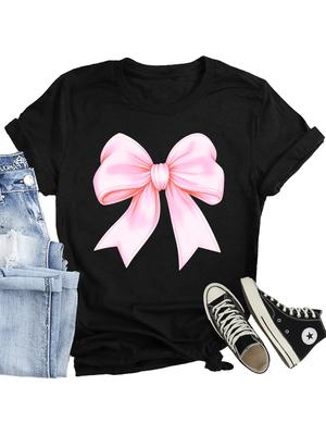 Bow Shirts for Women Cute Pink Bowknot Ribbon Print Tee Tops Bow Girly Aesthetic T Shirts, Seasonal Casual Trendy Men