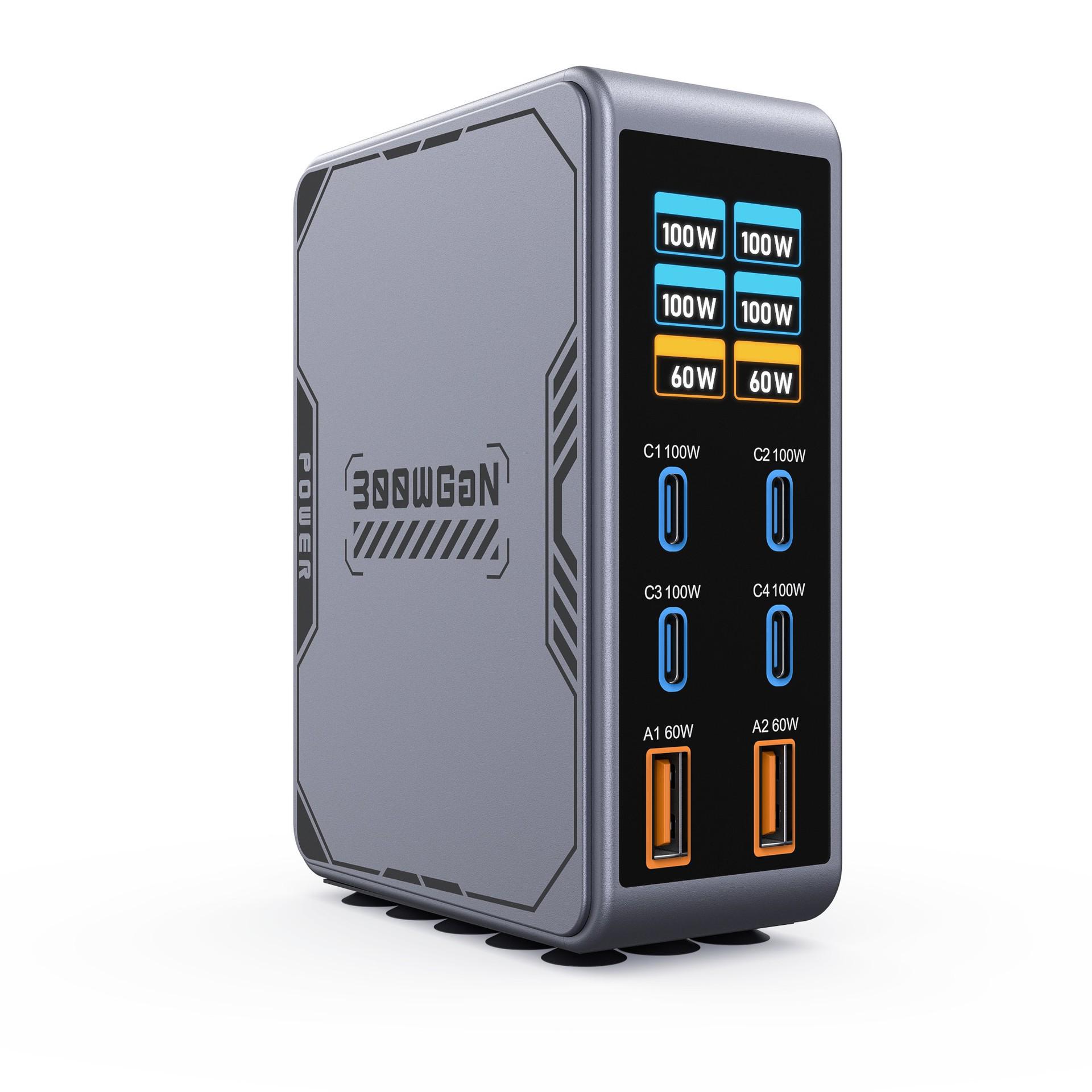 300W Gallium Nitride Multi-Port USB Fast Charger - High Power Desktop Charging Hub US Plug серый