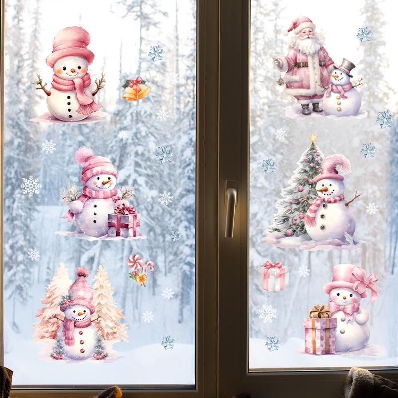 Cute Cartoon 3D-style Pink Snowman Window Sticker Snowflake Christmas Tree Santa Claus Self-adhesive Decal Festive Home Decor