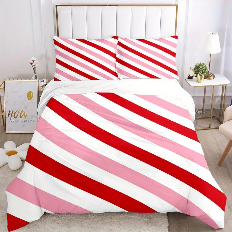 3Pcs Pink Stripes Printed Bedding Set, Breathable And Soft, Machine Washable, Christmas Gift, Suitable for Bedroom Decoration, 15150