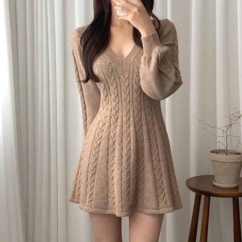 Korean Chic Lantern Sleeve V-Neck Knitted Sweater Dress