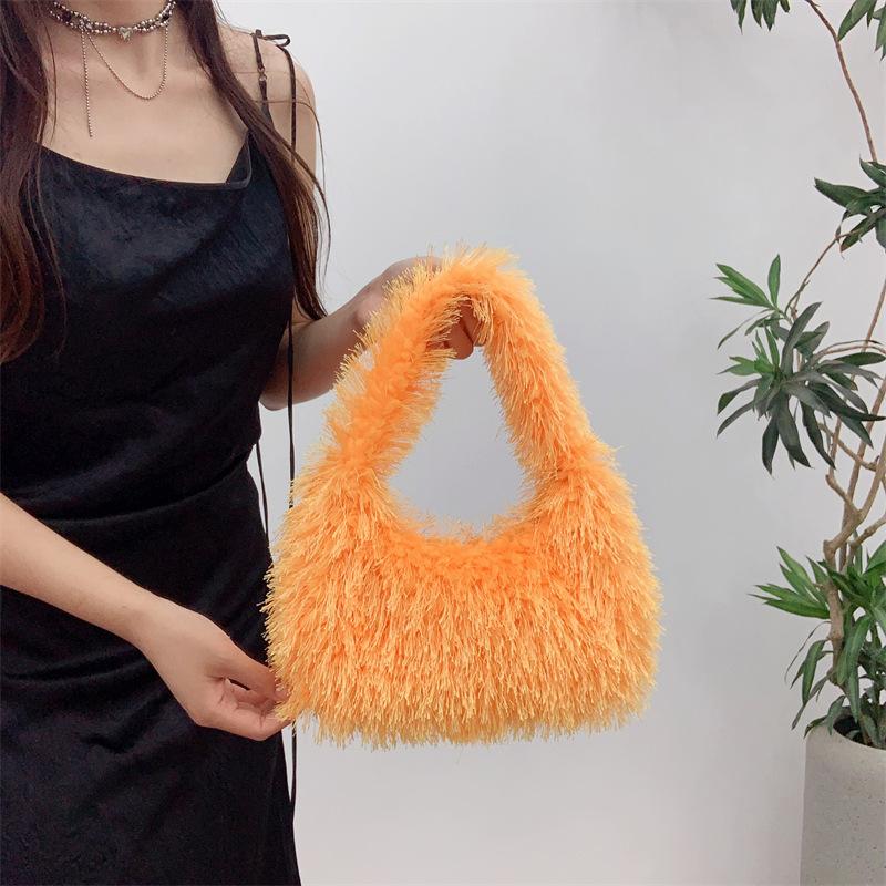 Einfarbige Damen-Schultertasche aus Kunstpelz, süße Winter-Plüsch-Handtasche, einfache Damen-Umhängetasche, Geldbörse, Clutch