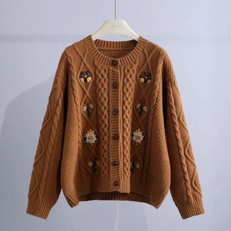 

Vintage Embroidery Cardigan Sweater Coat for Women Thickened Loose Long Sleeve Autumn Winter Fashion XXXXL коричневий