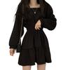 DAYCLOSET Mini Long Above the Puff Tops1678 Dress, Sleeves, Knee, A-Line, Tiered, Flared, Sleeves, Mid-Weight, Spring/Autumn, (M, Black)