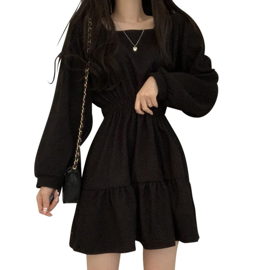 DAYCLOSET Mini Long Above the Puff tops1678 Dress, Sleeves, Knee, A-Line, Tiered, Flared, Sleeves, Mid-Weight, Spring/Autumn, (M, Black)