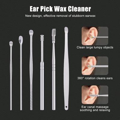 6 Pcs Spring Earwax Cleansing Tool Set II Portable Ear Wax Removal Set II Stainless Steel Ear Picks II Cleaning Kit for Home and Travel with PU Le