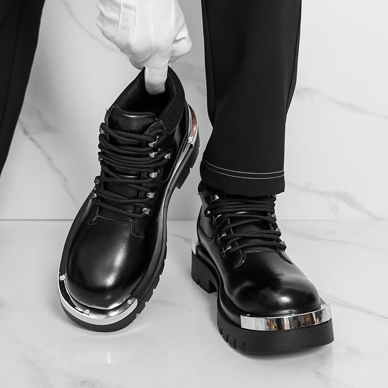 Plus Size Men's High-Top Thick-Soled Leather Boots - Autumn/Winter Big-Toe Short Boots