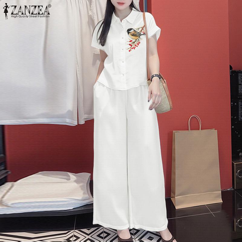ZANZEA Women Short Sleeve Print Blouse and Pants Casual Two Piece Suit Sets