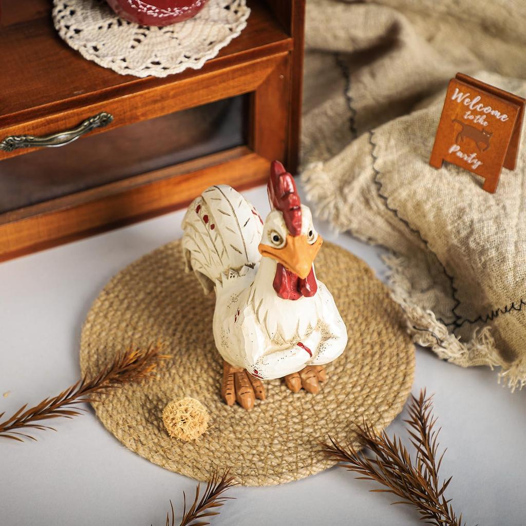 Bicuzat Funny White Rooster Statue, Resin Table Art Sculpture Funny Rooster Figurine Decoration, Rustic Country Tabletop Decoration, Farm Animal